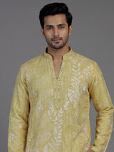 Yellow silk mens kurta suit with sparkling aabla and sequin work