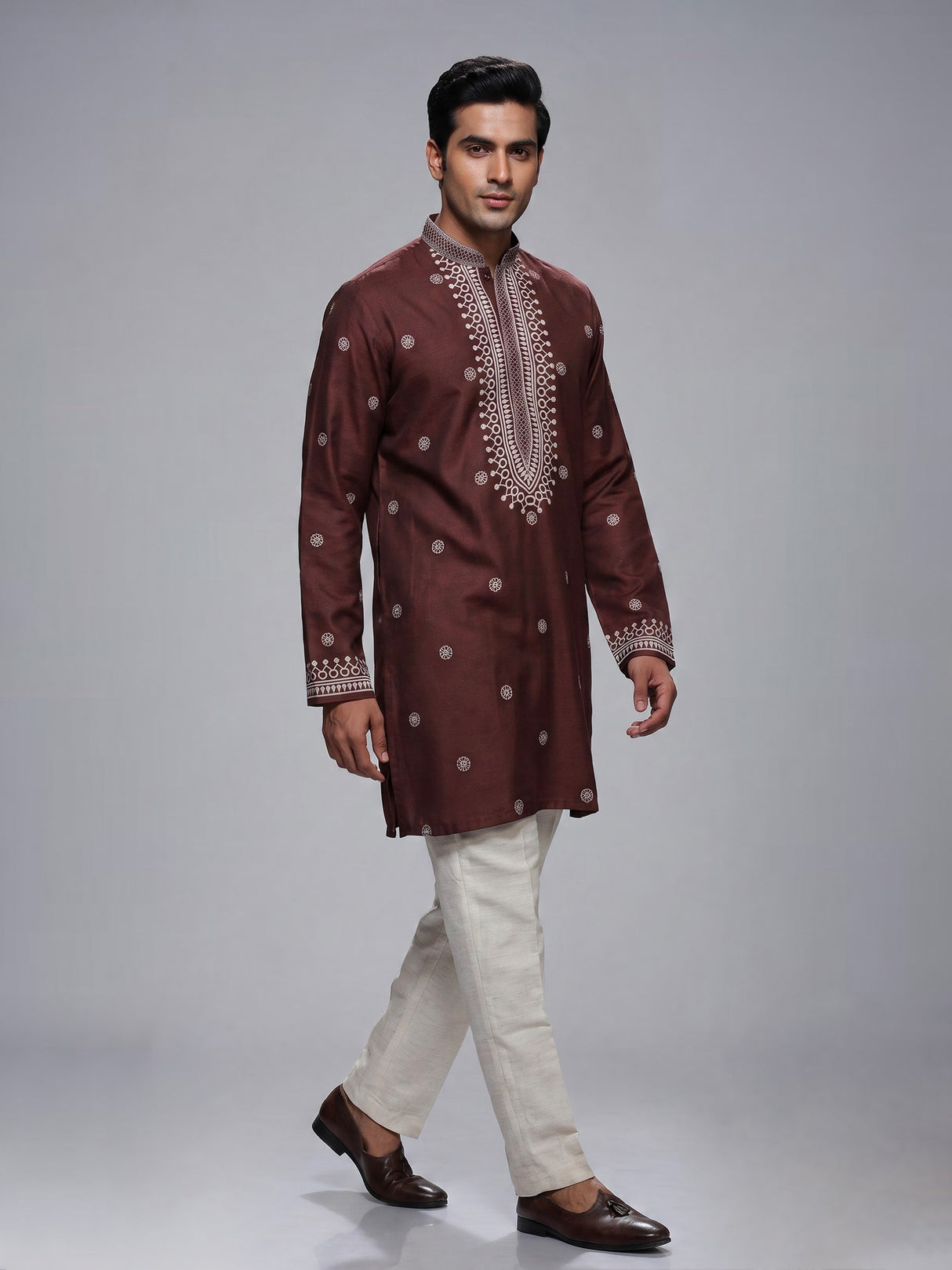 Brown cotton silk mens kurta suit with elegant printed design