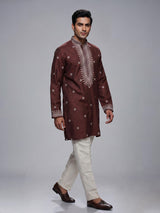 Brown cotton silk mens kurta suit with elegant printed design