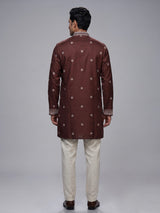 Brown cotton silk mens kurta suit with elegant printed design