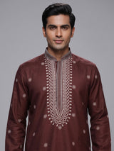 Brown cotton silk mens kurta suit with elegant printed design