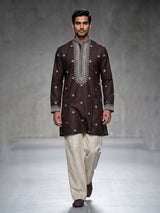 Dark charcoal brown cotton silk mens kurta suit with printed styling