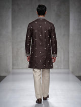 Dark charcoal brown cotton silk mens kurta suit with printed styling