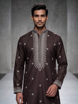 Dark charcoal brown cotton silk mens kurta suit with printed styling