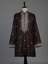 Dark charcoal brown cotton silk mens kurta suit with printed styling