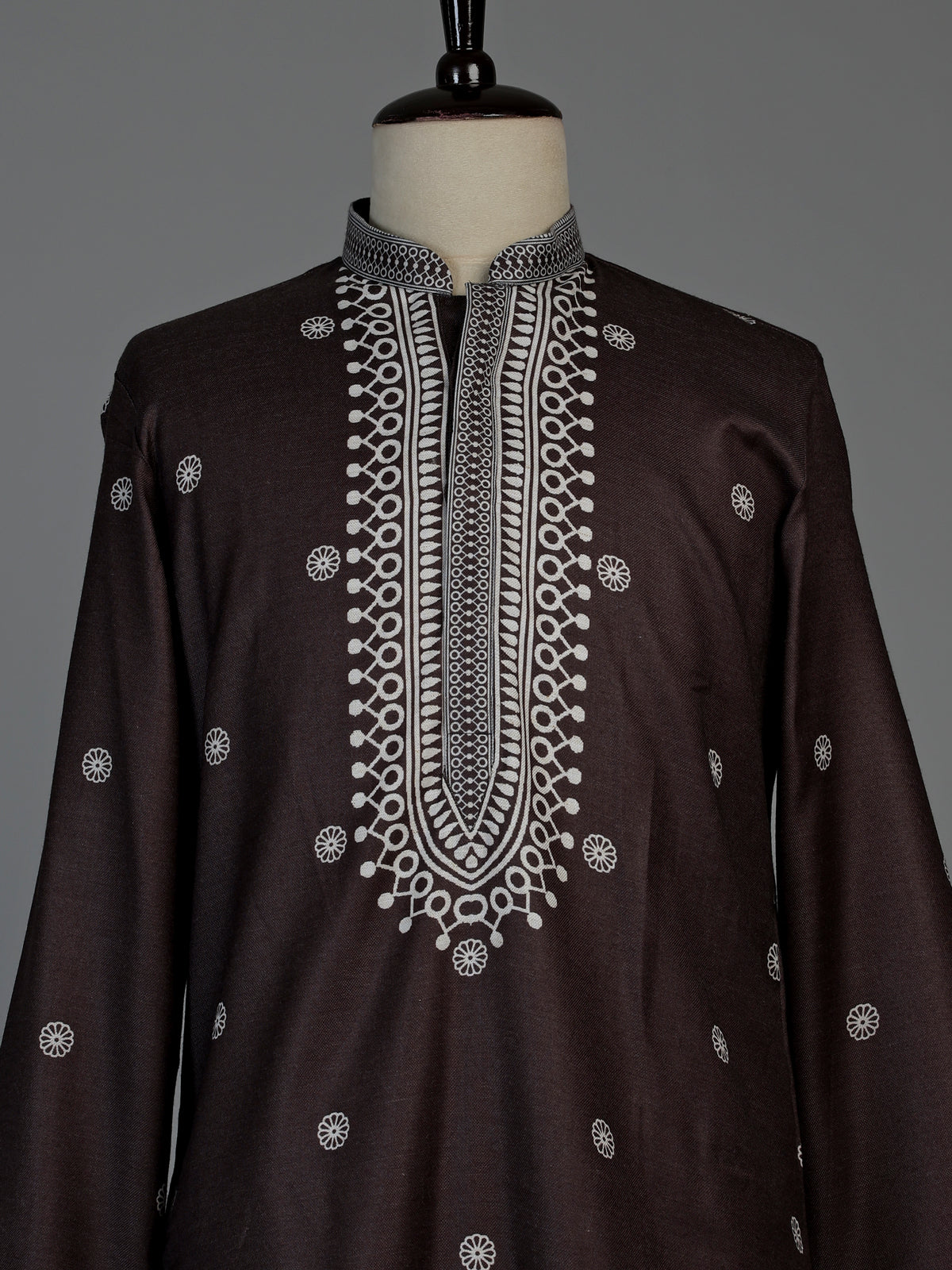 Dark charcoal brown cotton silk mens kurta suit with printed styling