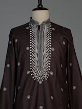 Dark charcoal brown cotton silk mens kurta suit with printed styling