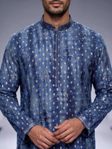 Blue silk mens kurta suit with shaded finish and zari butti work