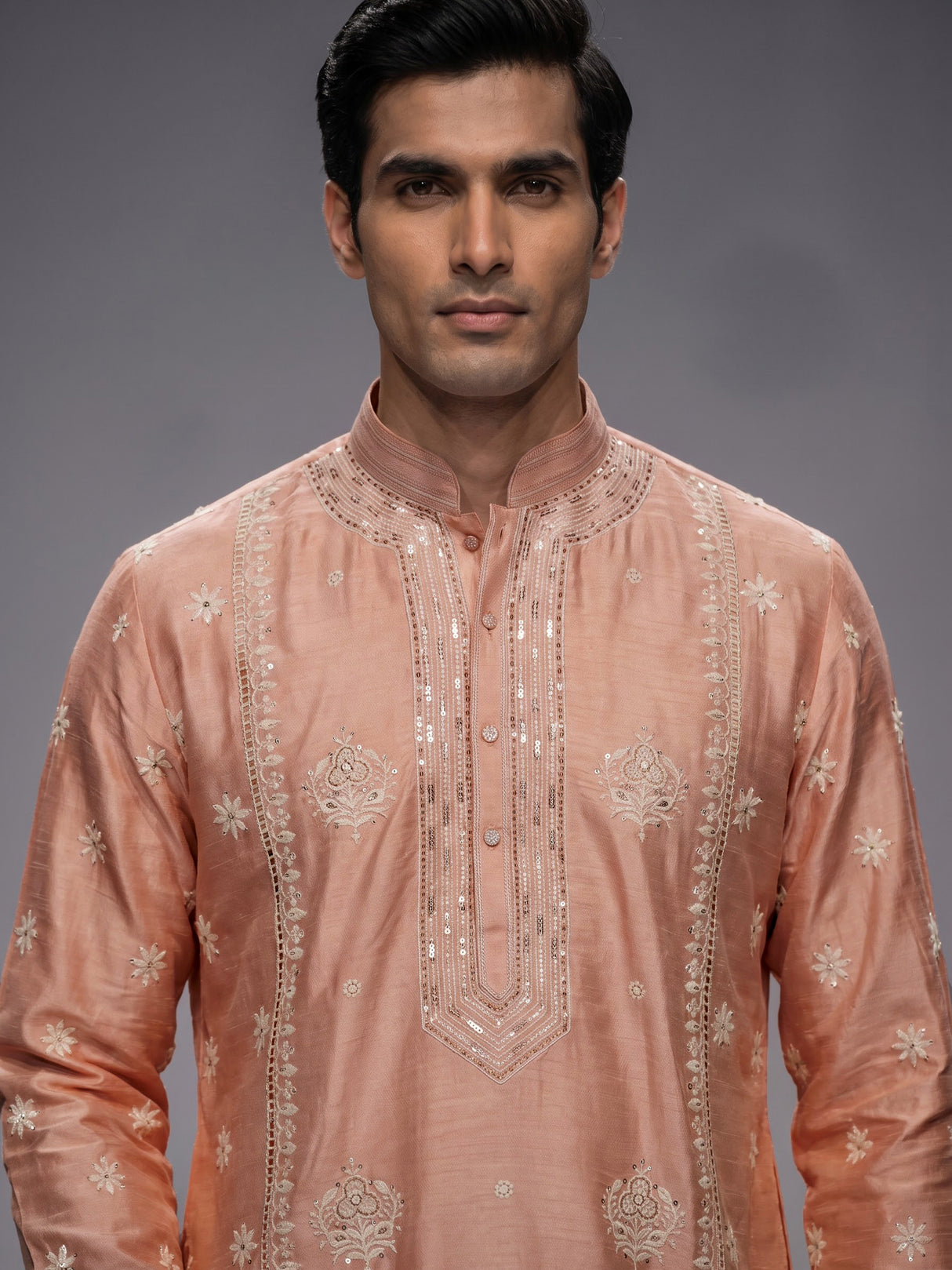 Peach raw silk mens kurta suit with intricate sequin and butti work