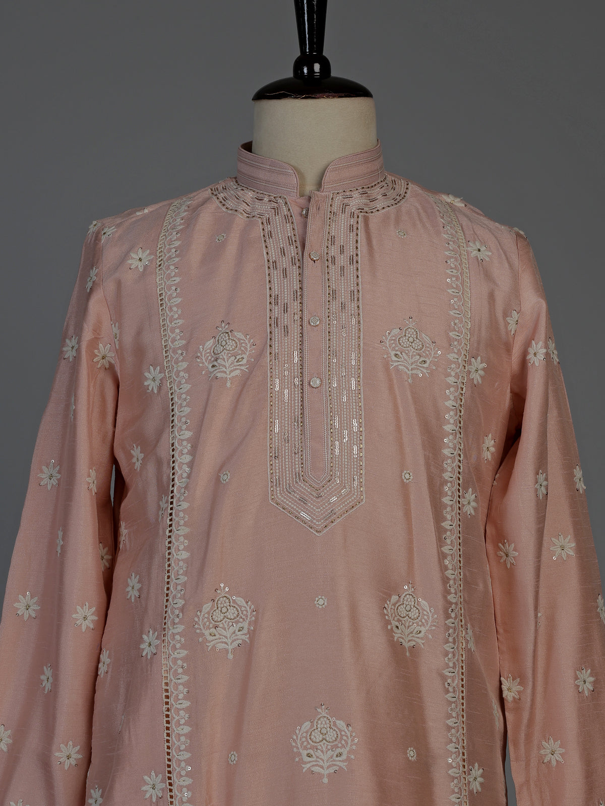 Peach raw silk mens kurta suit with intricate sequin and butti work