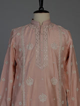 Peach raw silk mens kurta suit with intricate sequin and butti work