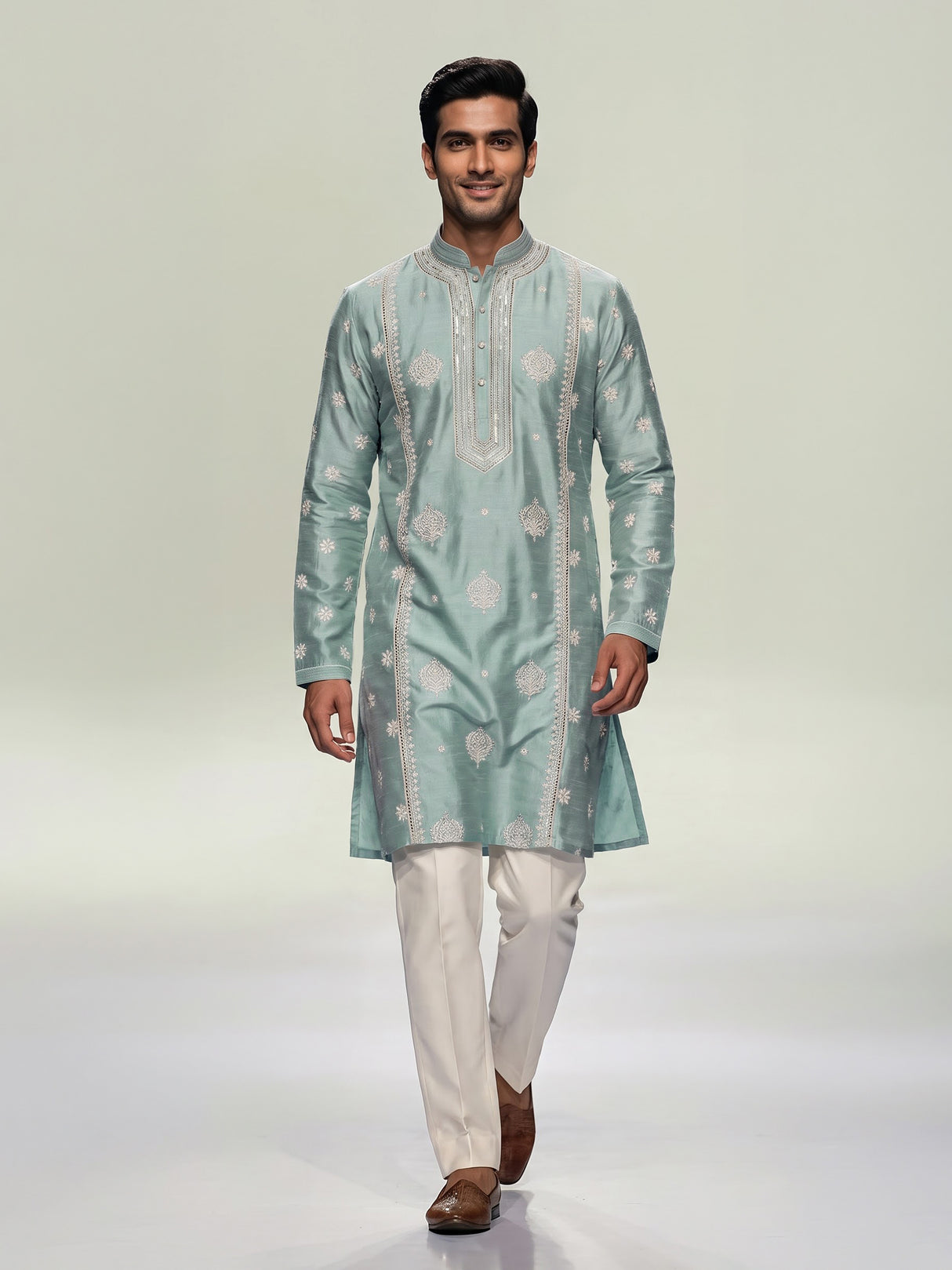 Mint blue raw silk mens kurta suit with graceful butti detailing