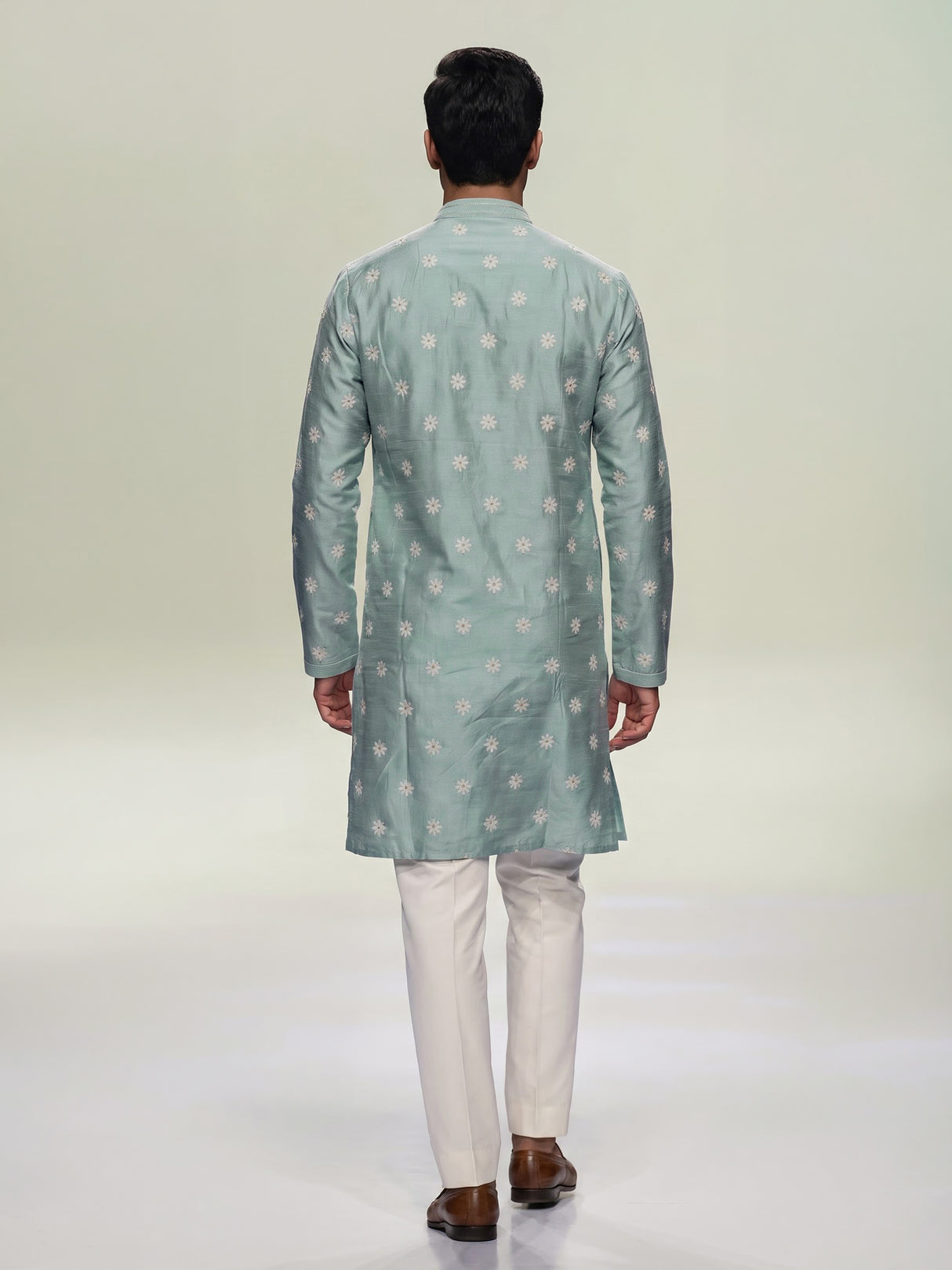 Mint blue raw silk mens kurta suit with graceful butti detailing