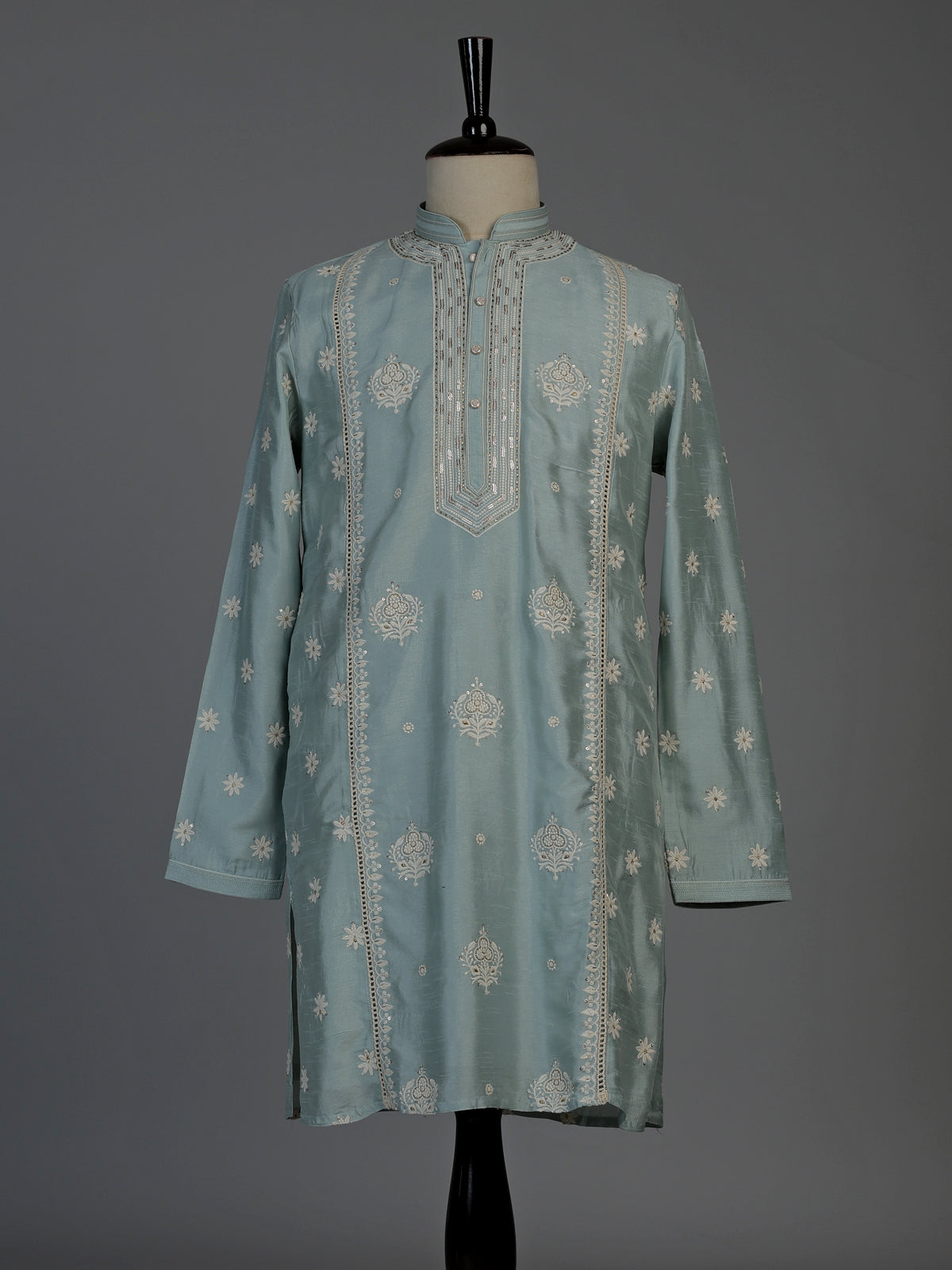 Mint blue raw silk mens kurta suit with graceful butti detailing
