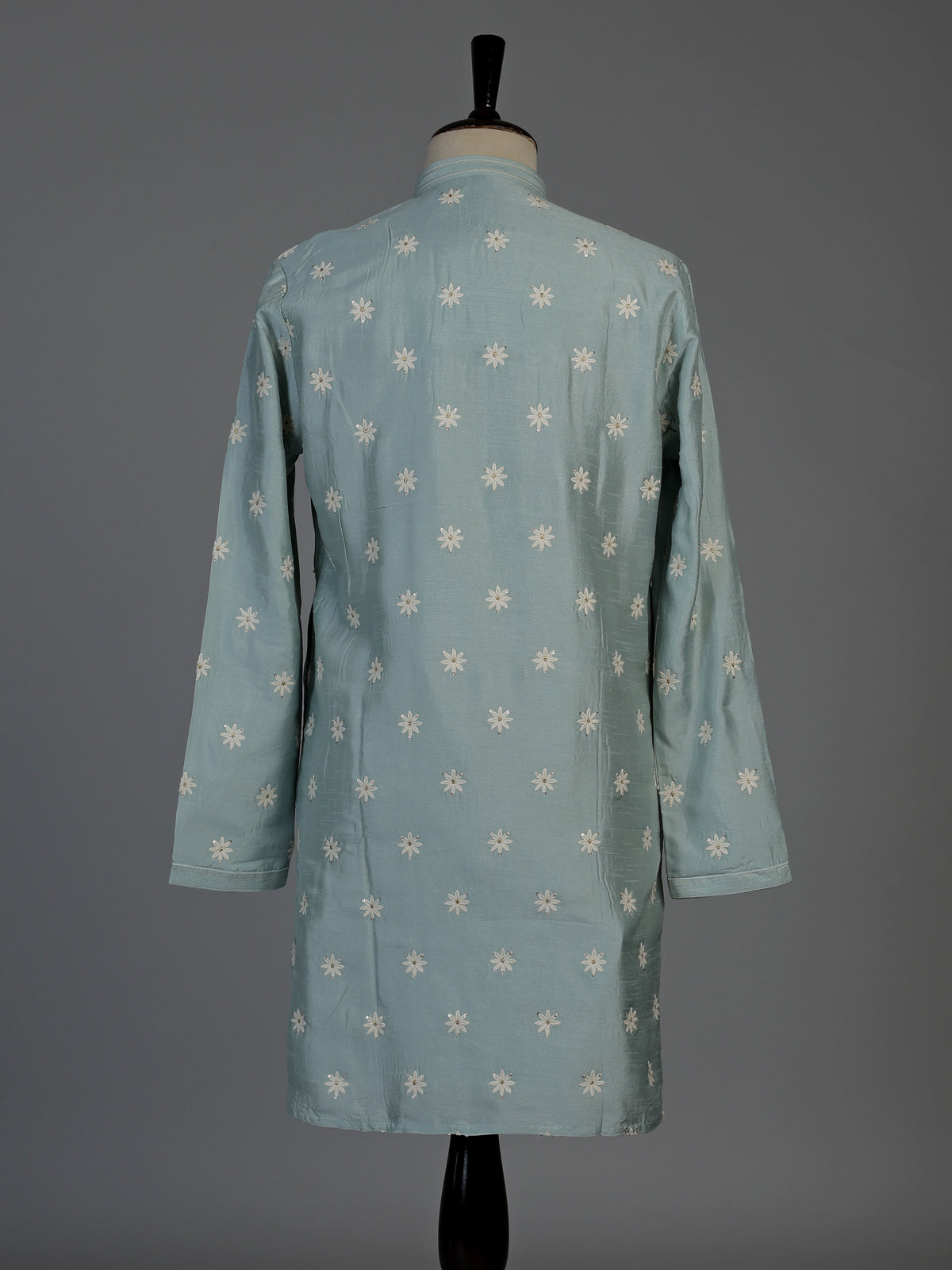Mint blue raw silk mens kurta suit with graceful butti detailing