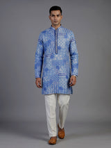 Blue silk mens kurta suit with printed dupatta and threadwork