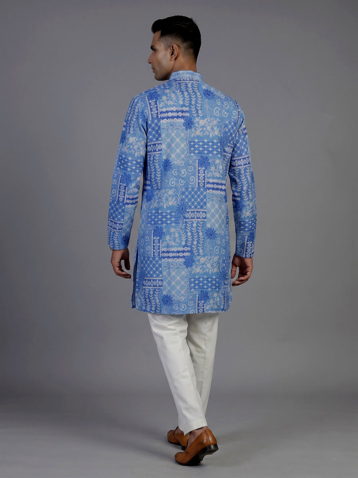 Blue silk mens kurta suit with printed dupatta and threadwork