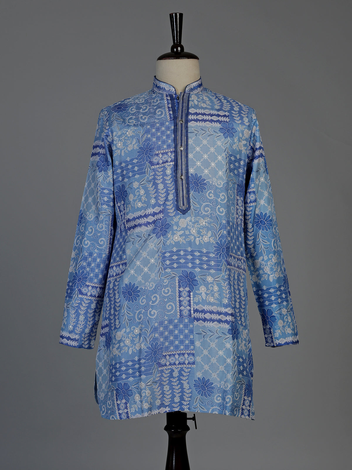 Blue silk mens kurta suit with printed dupatta and threadwork