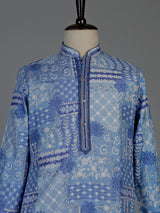 Blue silk mens kurta suit with printed dupatta and threadwork