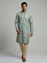 Blue beige silk mens kurta suit with printed sequined detailing