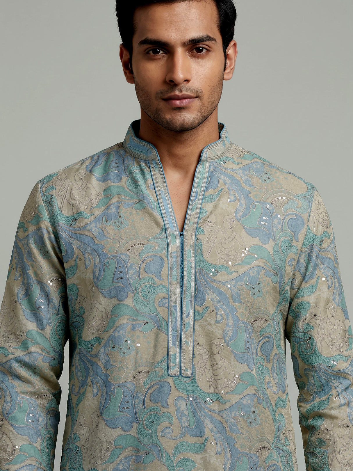 Blue beige silk mens kurta suit with printed sequined detailing