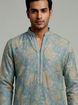 Blue beige silk mens kurta suit with printed sequined detailing