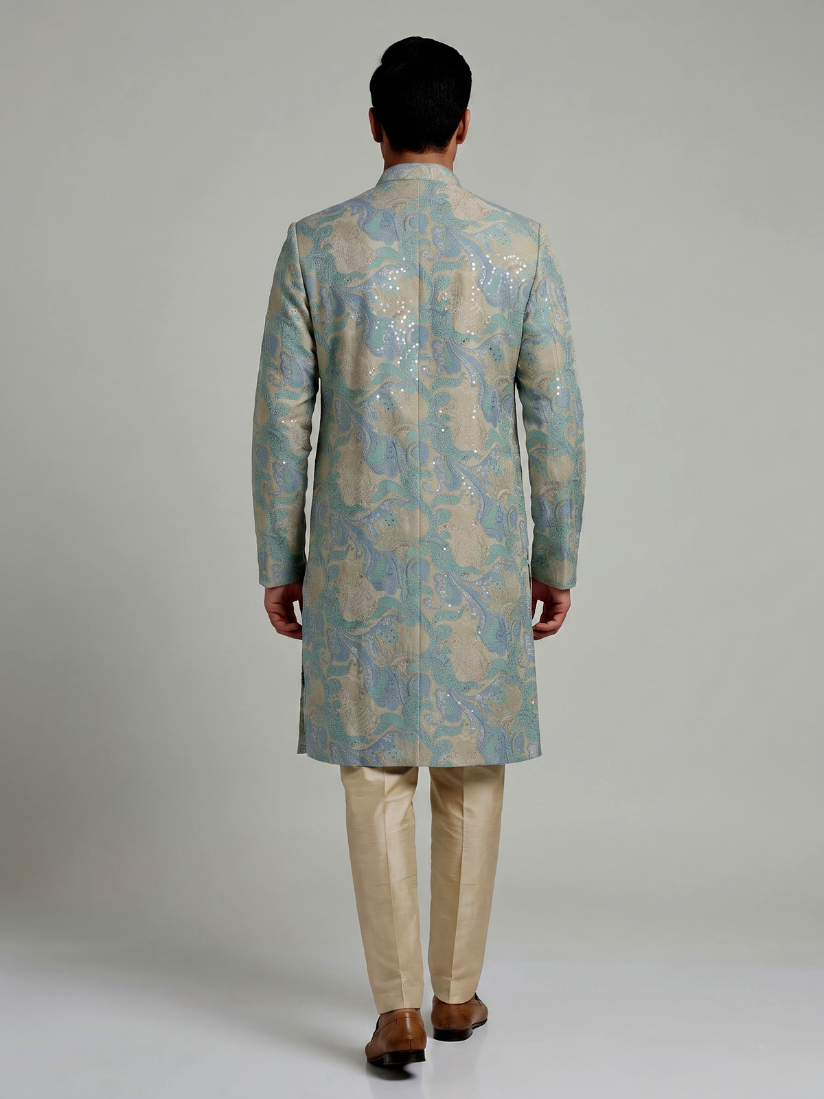 Blue beige silk mens kurta suit with printed sequined detailing