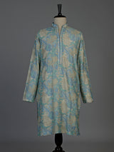 Blue beige silk mens kurta suit with printed sequined detailing