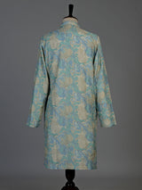 Blue beige silk mens kurta suit with printed sequined detailing