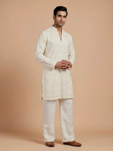 Cream linen silk mens kurta suit with refined embroidered detailing