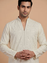 Cream linen silk mens kurta suit with refined embroidered detailing