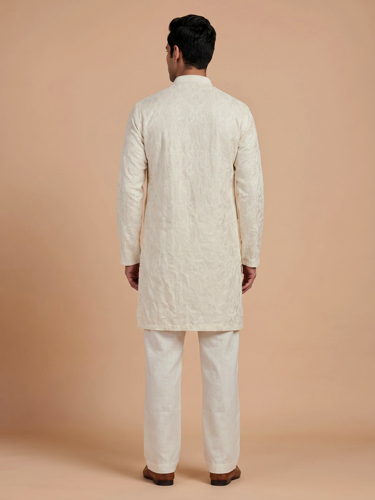 Cream linen silk mens kurta suit with refined embroidered detailing