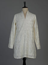 Cream linen silk mens kurta suit with refined embroidered detailing
