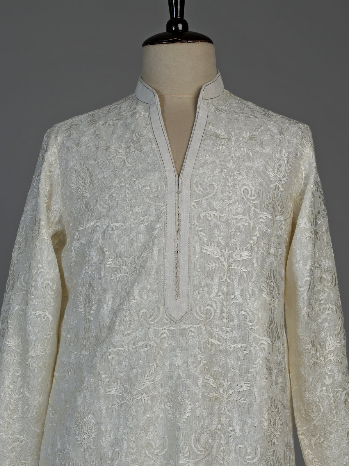 Cream linen silk mens kurta suit with refined embroidered detailing