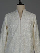 Cream linen silk mens kurta suit with refined embroidered detailing
