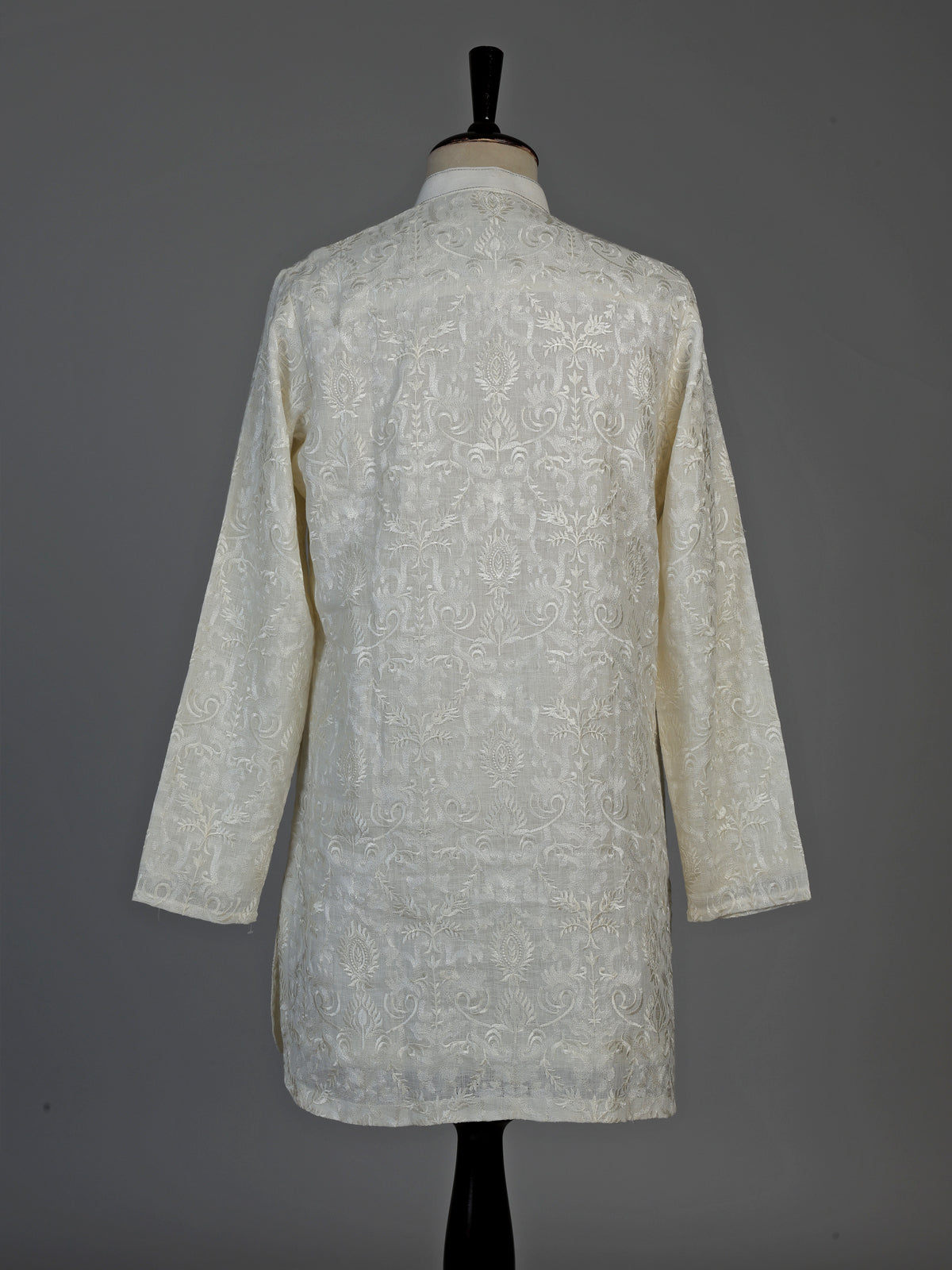Cream linen silk mens kurta suit with refined embroidered detailing