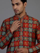 Multicolor gajji silk mens kurta suit with checks printed dupatta
