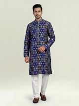 Blue gajji silk mens kurta suit with printed dupatta and zari butti