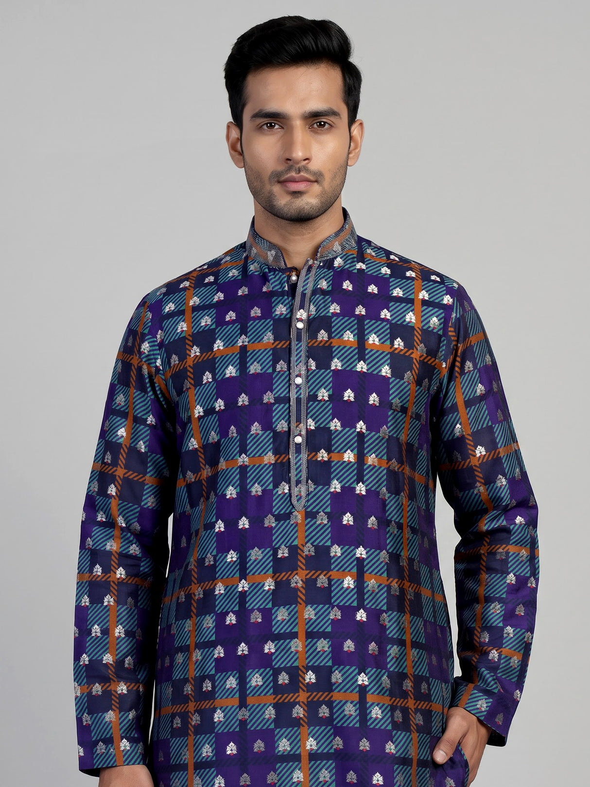 Blue gajji silk mens kurta suit with printed dupatta and zari butti