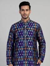 Blue gajji silk mens kurta suit with printed dupatta and zari butti
