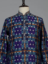 Blue gajji silk mens kurta suit with printed dupatta and zari butti