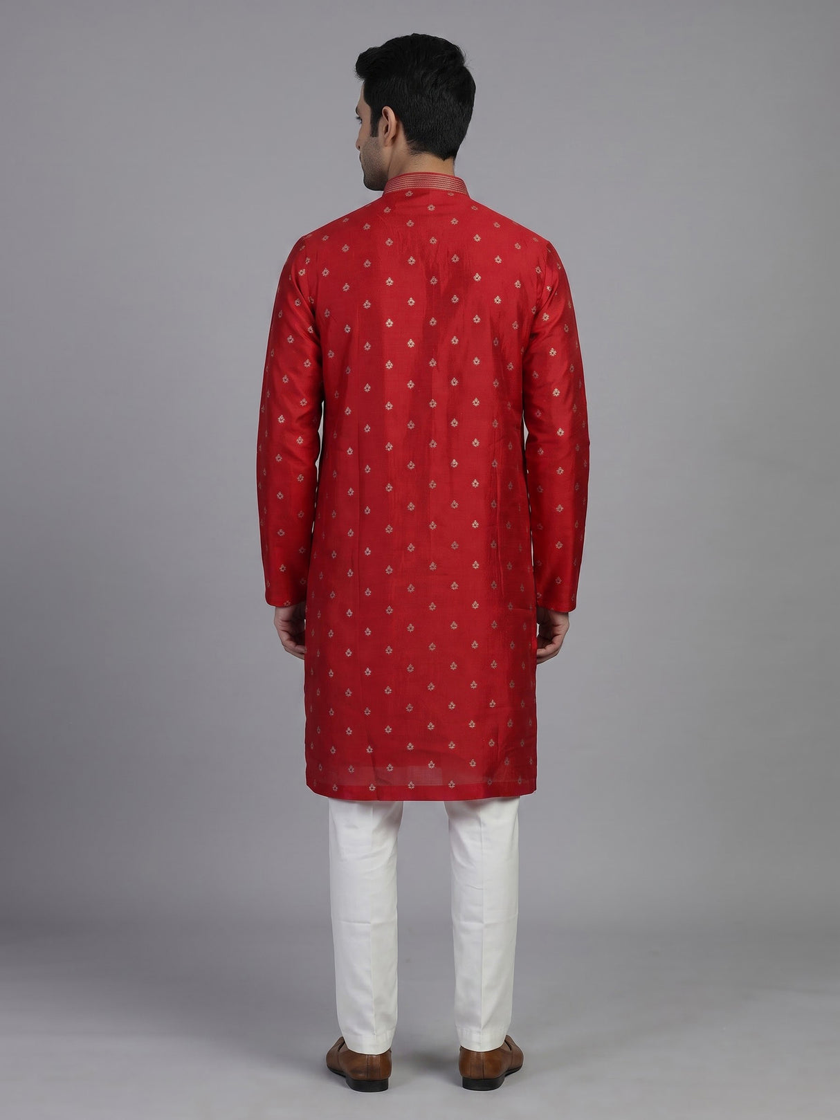 Red silk mens kurta suit with elegant zari butti craftsmanship