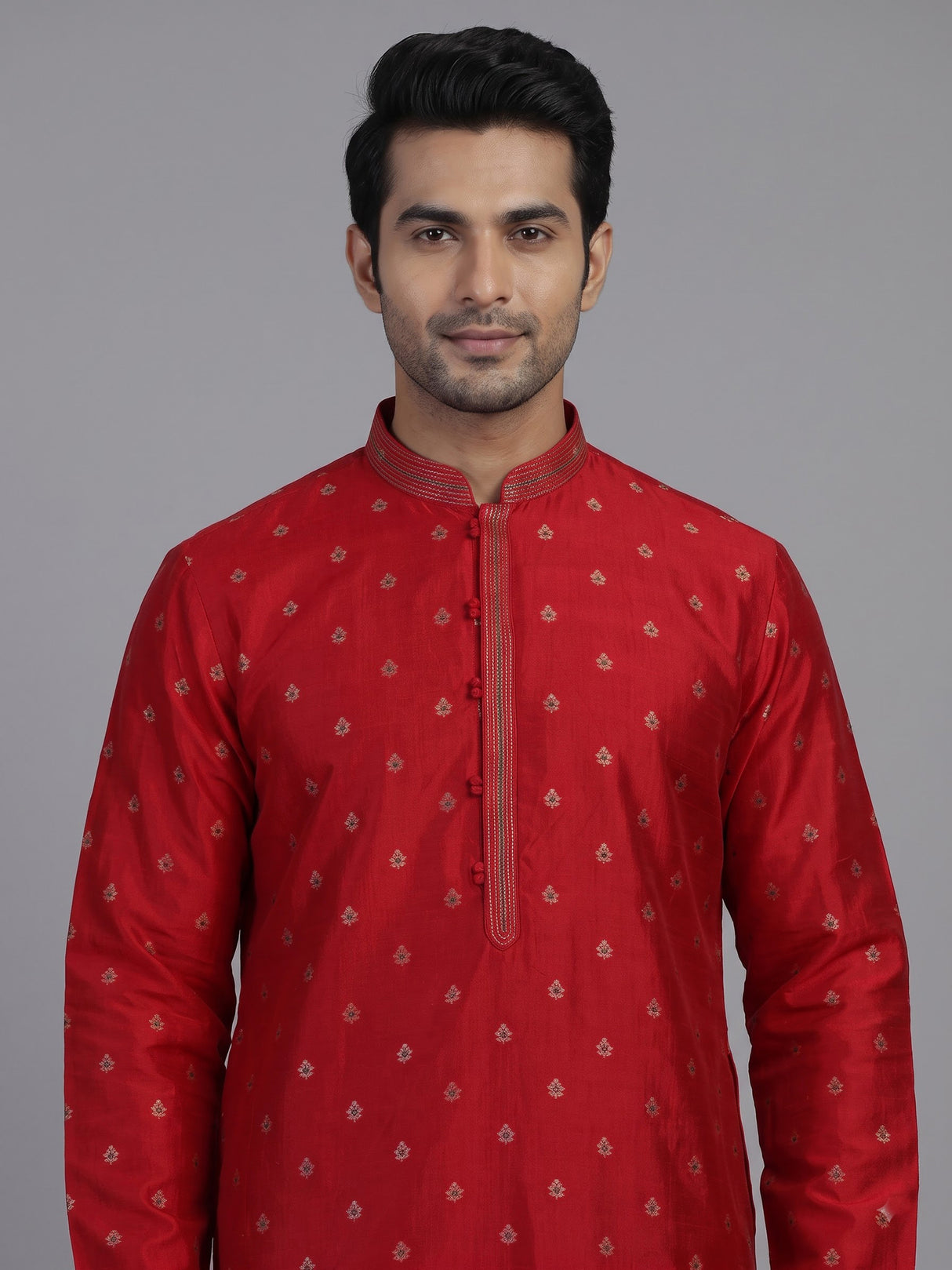 Red silk mens kurta suit with elegant zari butti craftsmanship