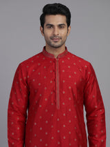 Red silk mens kurta suit with elegant zari butti craftsmanship