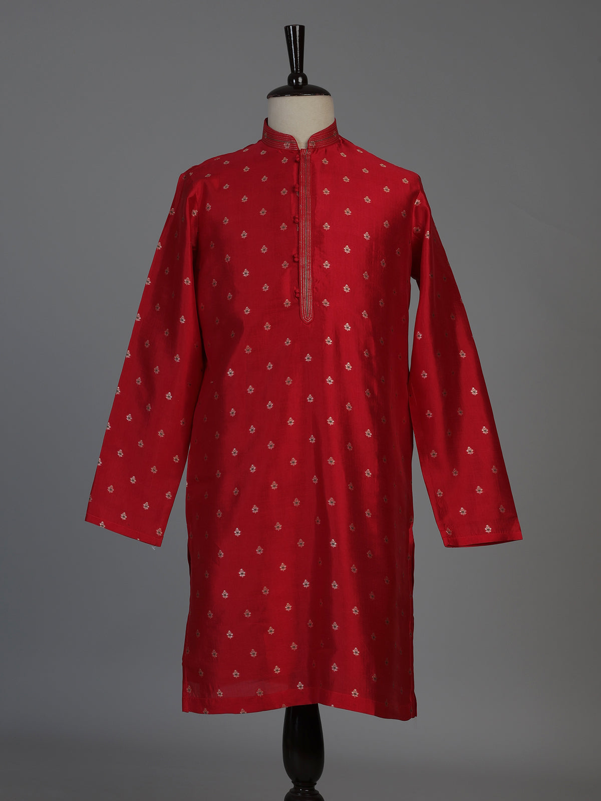 Red silk mens kurta suit with elegant zari butti craftsmanship