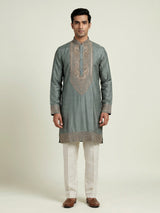 Stone grey silk mens kurta suit with elegant embroidery and sequins