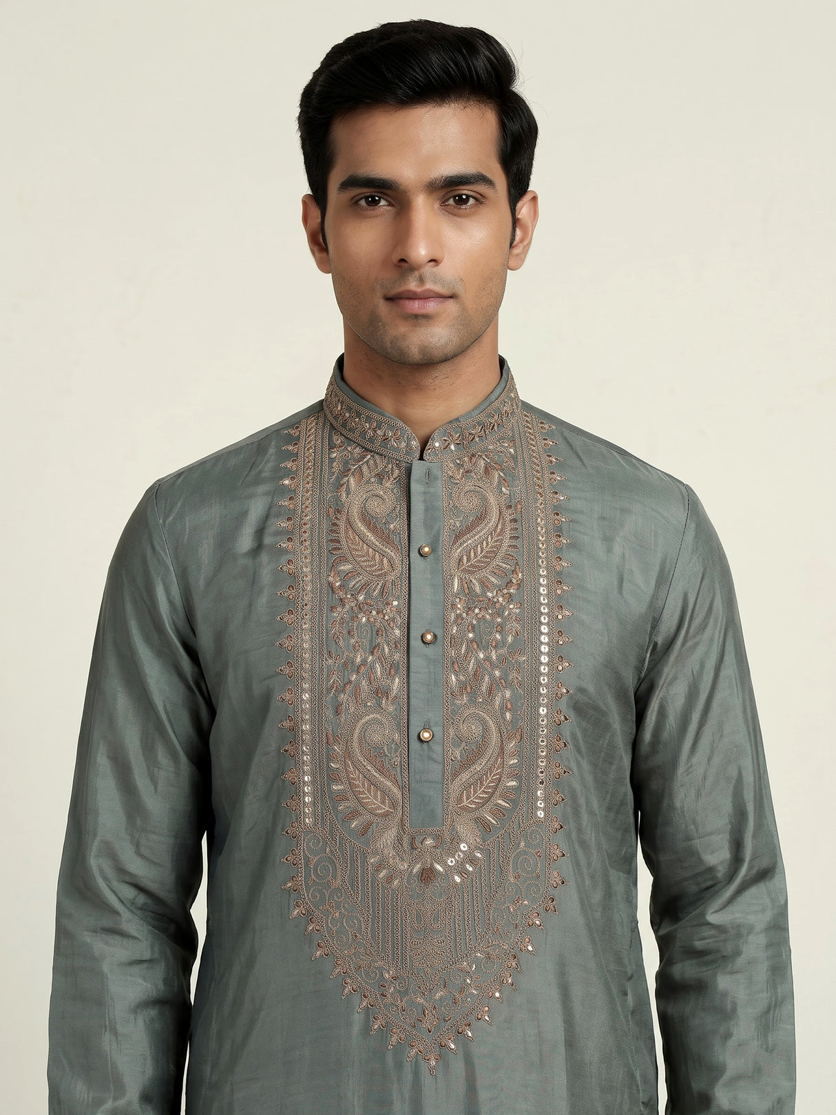 Stone grey silk mens kurta suit with elegant embroidery and sequins