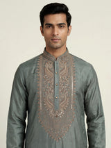 Stone grey silk mens kurta suit with elegant embroidery and sequins