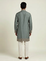 Stone grey silk mens kurta suit with elegant embroidery and sequins