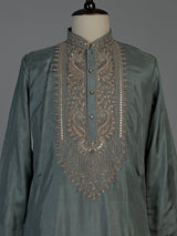 Stone grey silk mens kurta suit with elegant embroidery and sequins
